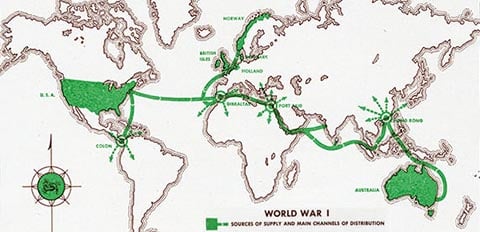 carte du monde indiquant les circuits d'approvisionnement et de distribution pendant la Première Guerre mondiale